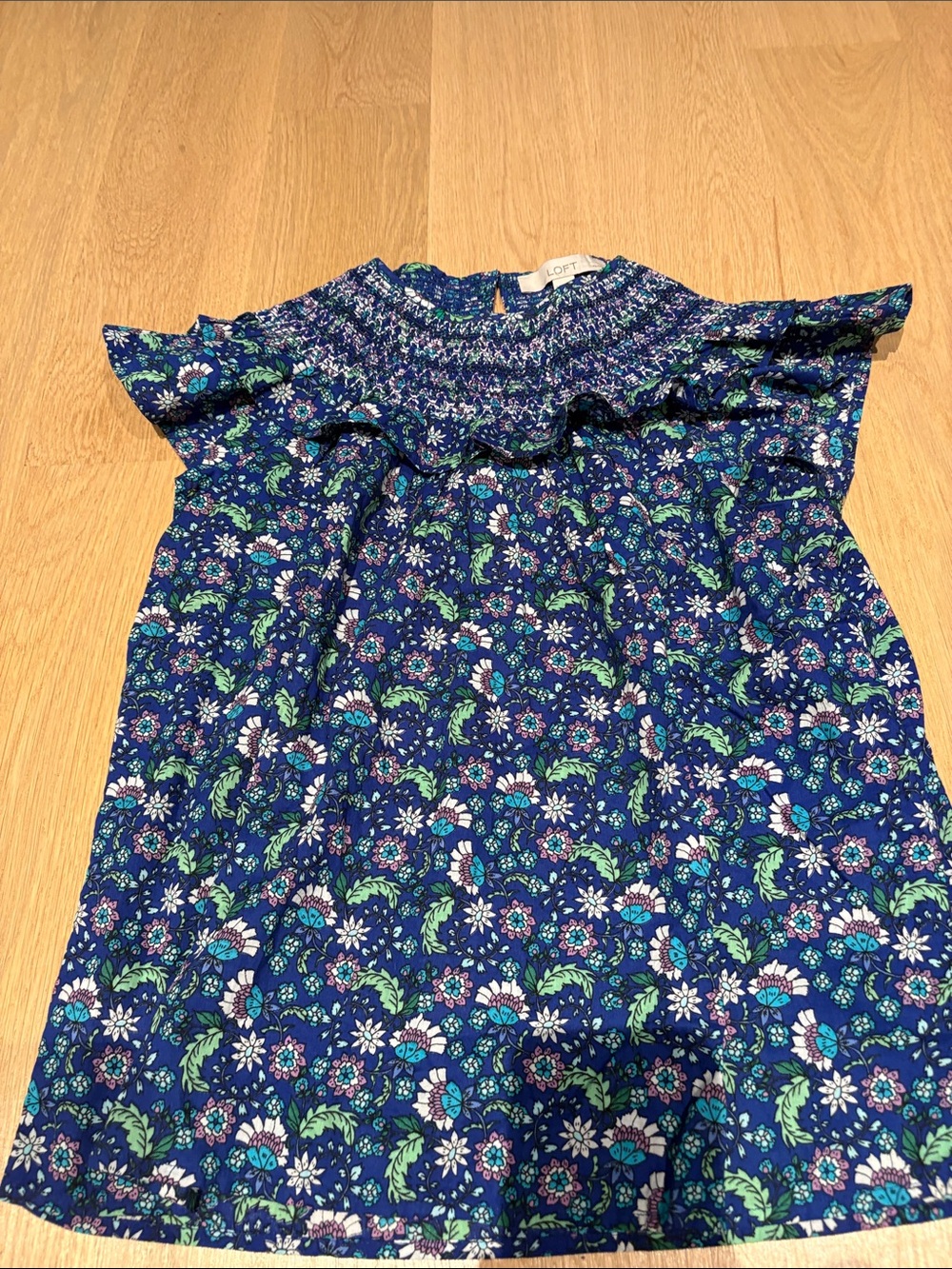 LOFT Navy Floral Smocked Flutter Sleeve Blouse